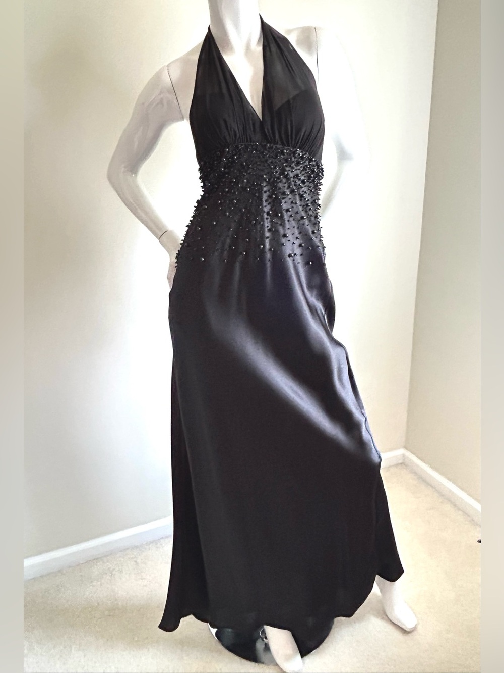 JS Boutique Black Halter Gown with Beaded Waist